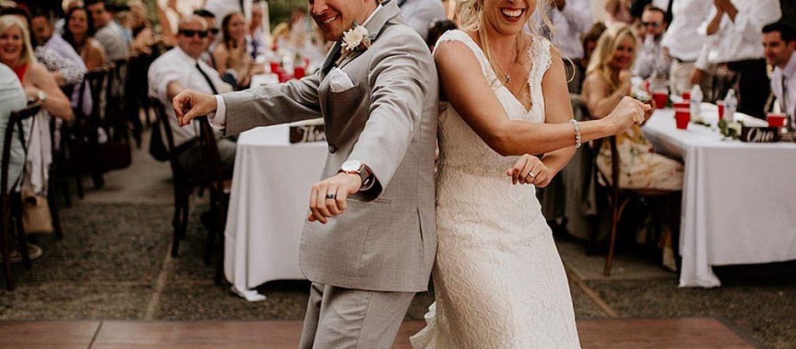 Dark maple dance floor at a wedding